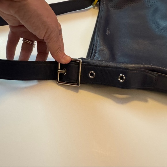 2013 Coach Legacy Navy Blue and Citrine with perforated leather Hobo Tote Bag - Picture 10 of 12